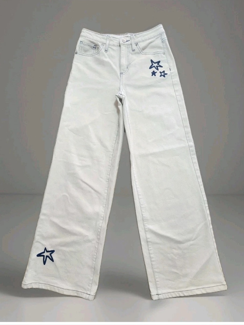 Girls IVORY Wide-Leg Jeans with Navy Star Embroidery